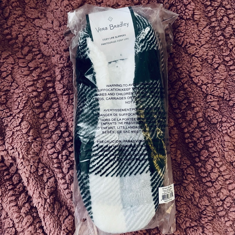 Vera Bradley Black & White Plaid Cozy Life Slippers